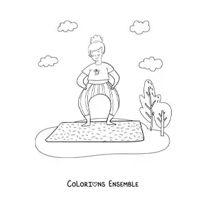 Image à colorier d'une femme qui fait du yoga dans un parc