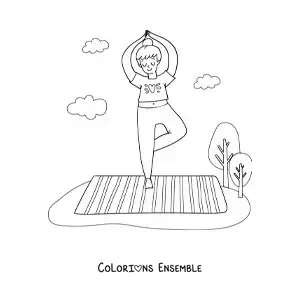 Image à colorier d'une femme qui fait la posture de l'arbre dans un parc