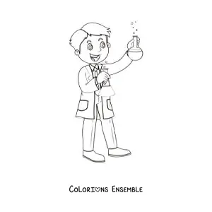 Image à colorier d'un scientifique animé tenant deux flacons chimiques