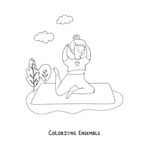 Image à colorier d'une adolescente qui fait la posture du pigeon au parc