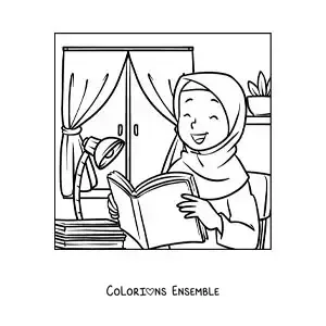 Image à colorier d'une fille qui porte un hijab et qui lit un livre dans sa chambre