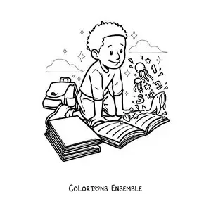 Image à colorier d'un garçon qui lit un livre sur les animaux marins qui prend vie