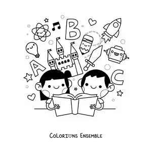 Image à colorier de deux enfants qui lisent un livre rempli de dessins