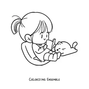 Image à colorier d'une fille kawaii assise qui lit un livre à côté de son chat