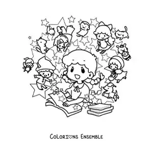 Image à colorier d'une fille kawaii qui lit un livre dont les personnages dessinés prennent vie