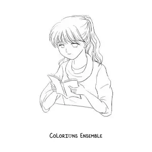 Image à colorier d'une fille de style anime qui lit un livre