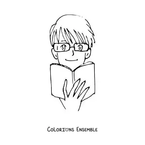 Image à colorier d'un garçon de style anime qui lit un livre