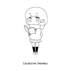 Image à colorier d'une fille kawaii de style chibi qui lit un livre