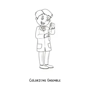 Image à colorier d'un scientifique animé réalisant une expérience dans une éprouvette