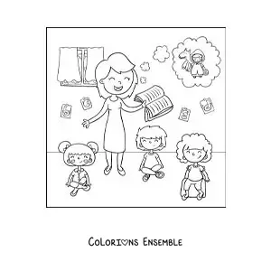 Image à colorier d'une maîtresse qui lit une histoire à ses élèves en classe