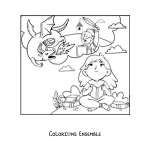 Image à colorier d'une fille qui lit un conte fantastique et qui imagine les dragons