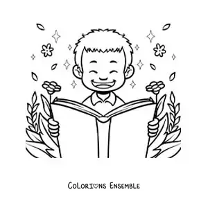 Image à colorier d'un garçon joyeux qui lit entouré de fleurs