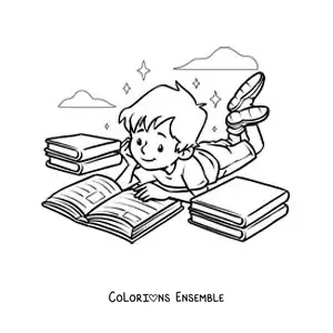 Image à colorier d'un garçon allongé qui lit un livre