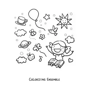 Image à colorier d'une fille qui lit entourée des personnages dessinés du conte