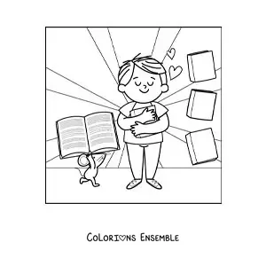 Image à colorier d'un garçon qui serre un livre dans ses bras à côté d'une petite souris dessinée qui lui apporte d'autres livres
