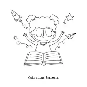 Image à colorier d’une fille devant un livre ouvert qui laisse libre cours à son imagination