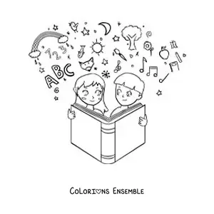 Image à colorier de deux enfants lisant un livre pour apprendre