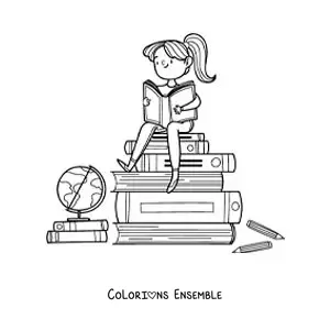 Image à colorier d’une fille assise sur une pile de livres en train de lire