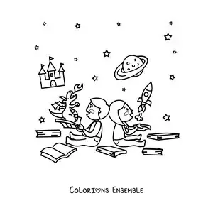 Image à colorier de deux enfants assis avec des livres ouverts qui prennent vie