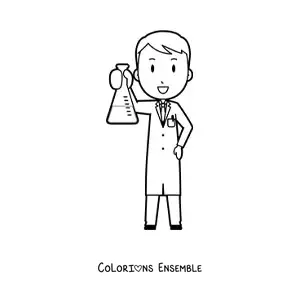 Image à colorier d'un scientifique animé tenant une fiole jaugée
