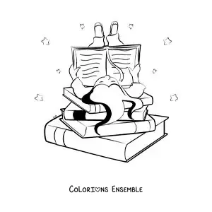 Image à colorier d’une fille allongée sur une pile de livres en train de lire