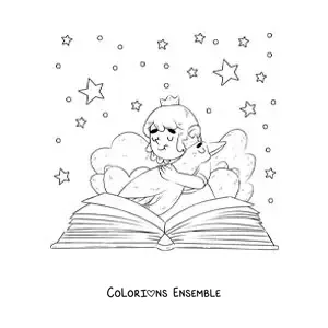 Image à colorier d’une princesse serrant une oie qui sort d’un livre ouvert