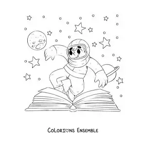 Image à colorier d’un astronaute dans l’espace qui sort d’un livre ouvert
