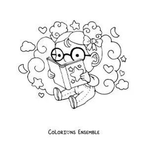 Image à colorier d’une fille à lunettes assise en train de lire