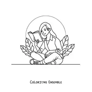 Image à colorier d’une fille assise en train de lire entourée de plantes