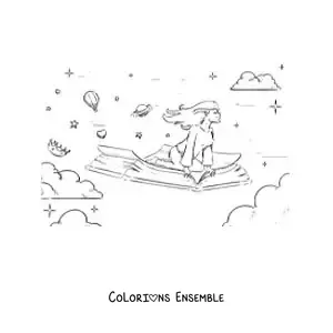 Image à colorier d’une fille volant assise sur un livre ouvert