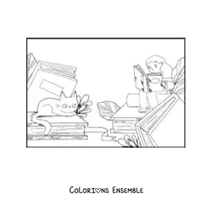 Image à colorier d’une fille assise sur des livres en train de lire à côté de son chat animé