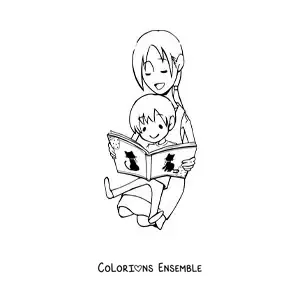 Image à colorier d’une mère lisant avec son enfant assis sur ses genoux