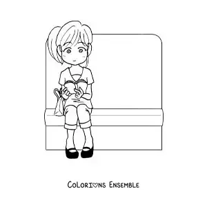Image à colorier d’une fille assise en train de lire dans le train
