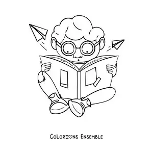 Image à colorier d’un garçon à lunettes assis en train de lire, émerveillé