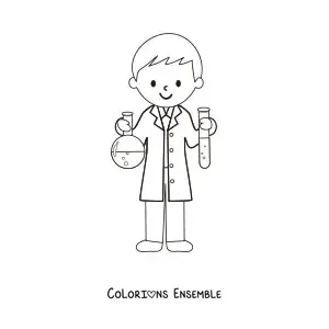 Image à colorier d'un scientifique animé avec une éprouvette et un flacon