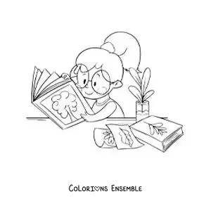 Image à colorier d’une fille lisant un livre de botanique à un bureau