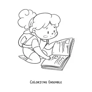 Image à colorier d’une fille avec un sac à dos lisant assise par terre