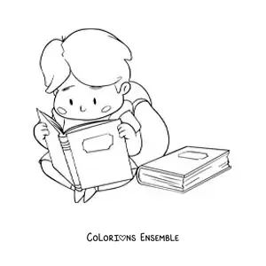 Image à colorier d’un garçon avec un sac à dos lisant assis par terre