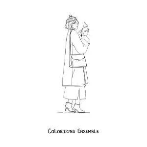 Image à colorier d’une femme en manteau lisant tout en marchant