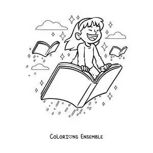 Image à colorier d’une fille heureuse volant sur un livre ouvert