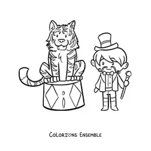 Image à colorier d’un dompteur de cirque à côté d’un tigre animé