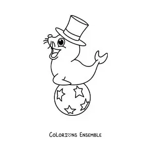 Image à colorier d’un phoque de cirque animé en équilibre sur un ballon