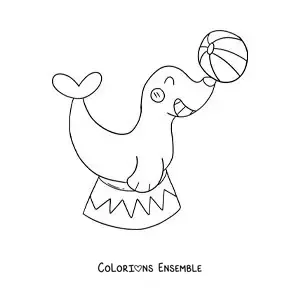 Image à colorier d’un dessin d’un phoque de cirque en équilibre sur un ballon