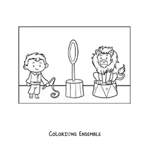 Image à colorier d’un dompteur de cirque et d’un lion animé