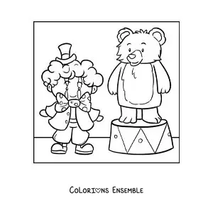 Image à colorier d’un clown de cirque et d’un ours animé