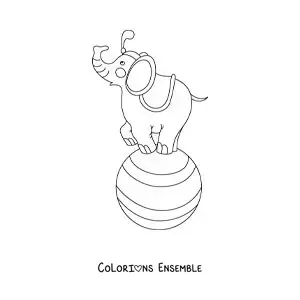Image à colorier d’un éléphant de cirque animé en équilibre sur un ballon