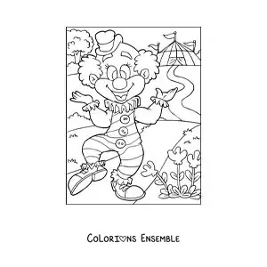 Image à colorier d’un dessin d’un clown au cirque