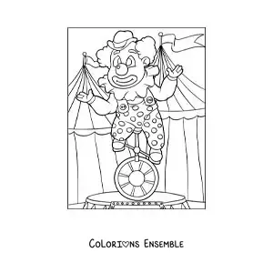 Image à colorier d’un clown sur un monocycle au cirque