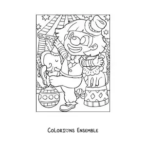 Image à colorier d’un clown à côté d’animaux de cirque