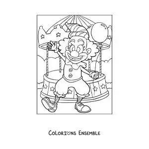 Image à colorier d’un clown avec un ballon sur un carrousel
